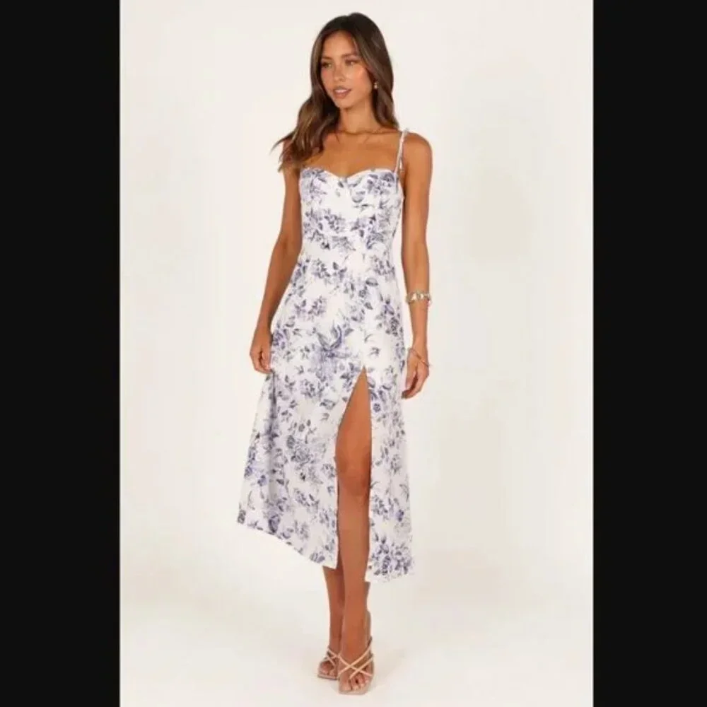 Petal & Pup Azelia White Blue Floral Tie Shoulder Midi Dress 8 - Picture 6 of 10